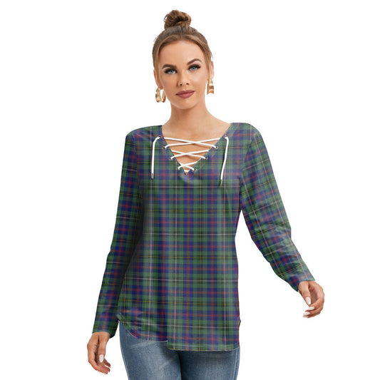 Wood Modern Tartan Plaid Long Sleeve Neckline Tie Sweatshirt