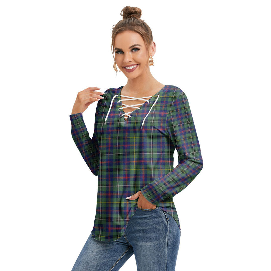 Wood Modern Tartan Plaid Long Sleeve Neckline Tie Sweatshirt