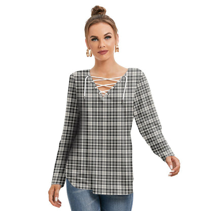 Scott Black White Ancient Tartan Plaid Long Sleeve Neckline Tie Sweatshirt