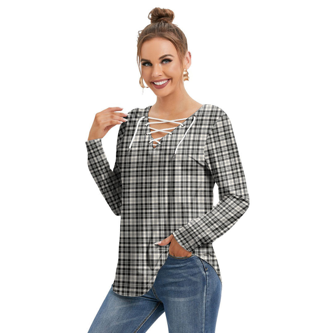 Scott Black White Ancient Tartan Plaid Long Sleeve Neckline Tie Sweatshirt