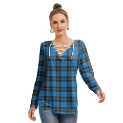 Ramsay Blue Ancient Tartan Plaid Long Sleeve Neckline Tie Sweatshirt