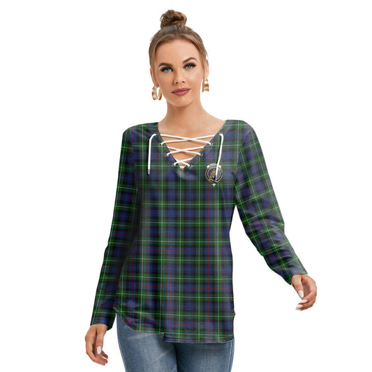 MacKenzie Modern Tartan Crest Long Sleeve Neckline Tie Sweatshirt