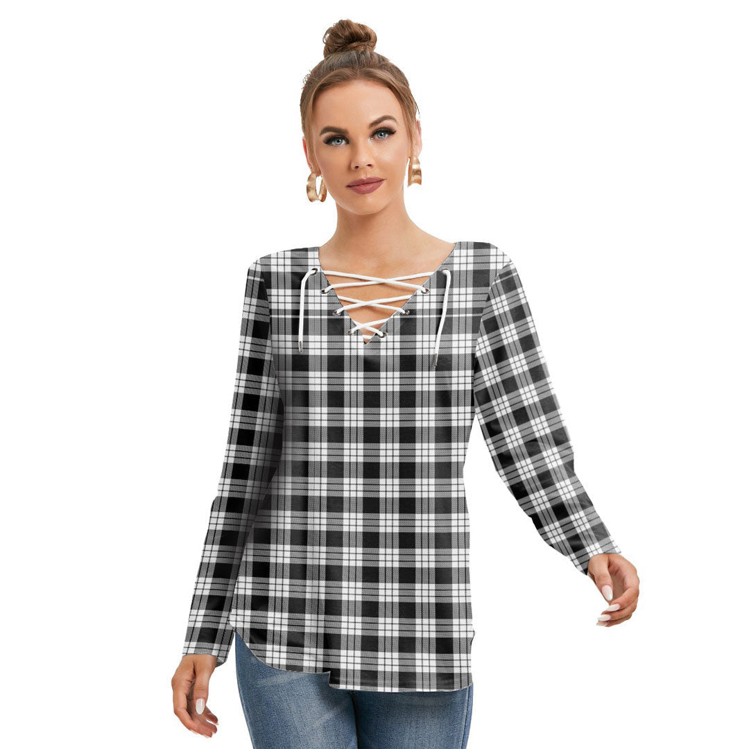 MacFarlane Black White Tartan Plaid Long Sleeve Neckline Tie Sweatshirt