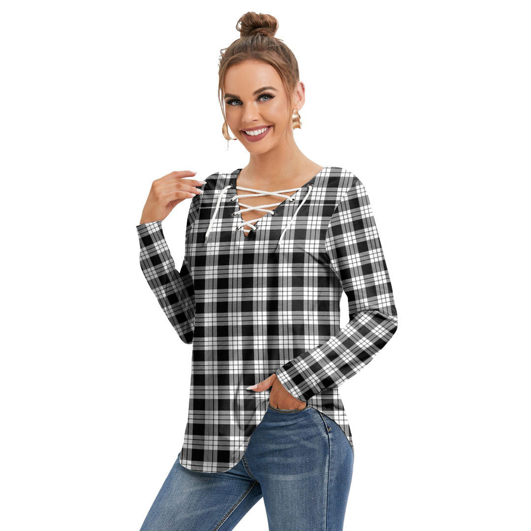 MacFarlane Black White Tartan Plaid Long Sleeve Neckline Tie Sweatshirt