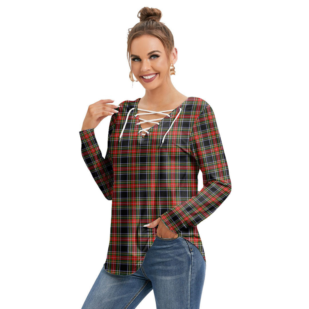 Stewart Black Tartan Plaid Long Sleeve Neckline Tie Sweatshirt