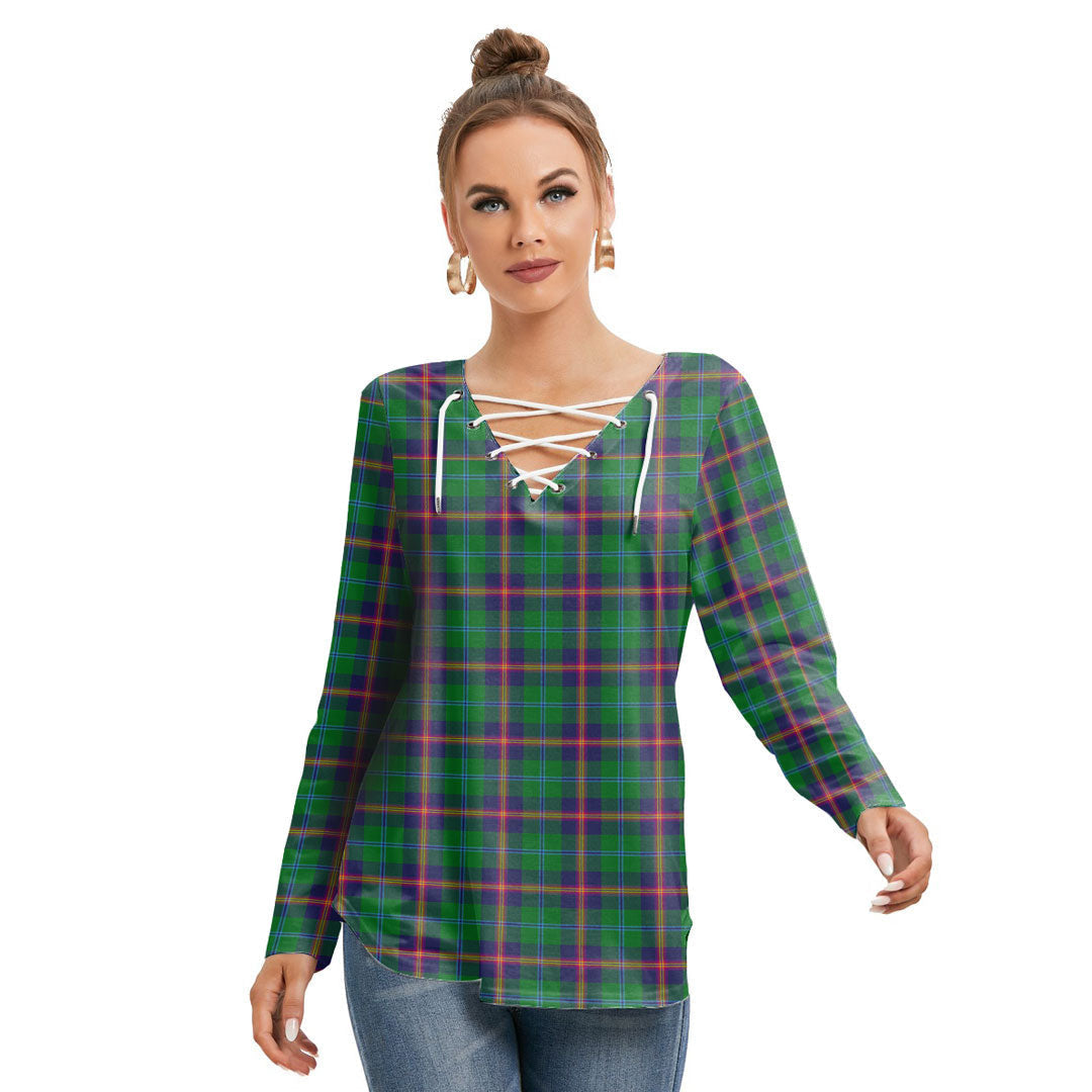 Young Modern Tartan Plaid Long Sleeve Neckline Tie Sweatshirt