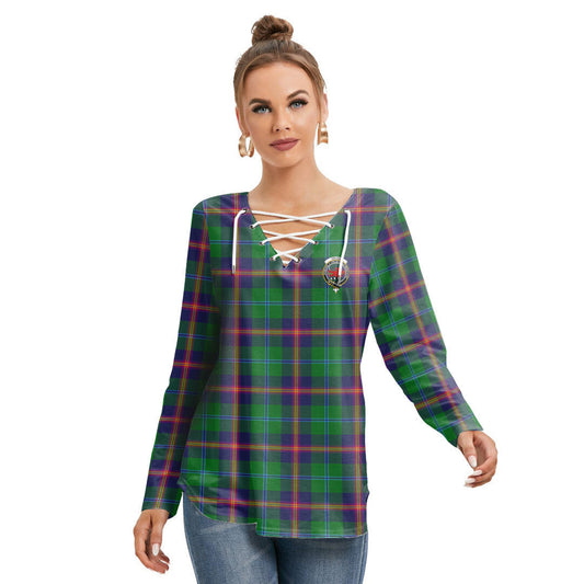 Young Modern Tartan Crest Long Sleeve Neckline Tie Sweatshirt