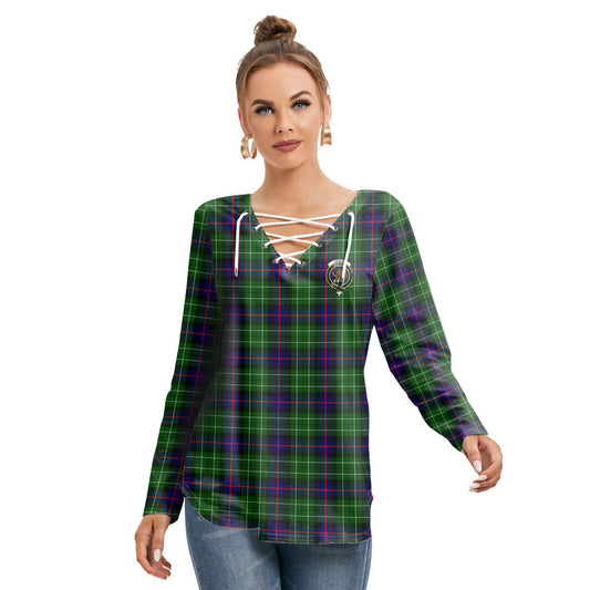 Leslie Hunting Tartan Crest Long Sleeve Neckline Tie Sweatshirt