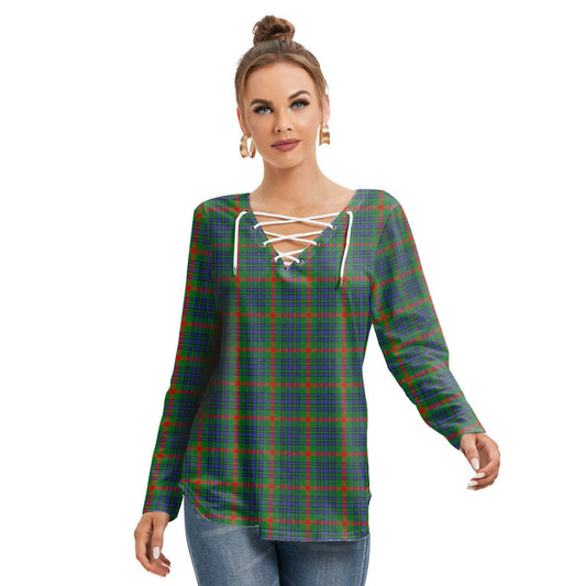 Aiton Tartan Plaid Long Sleeve Neckline Tie Sweatshirt