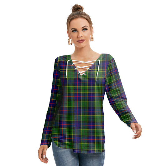 Forsyth Modern Tartan Plaid Long Sleeve Neckline Tie Sweatshirt