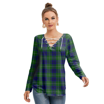 Oliphant Modern Tartan Plaid Long Sleeve Neckline Tie Sweatshirt