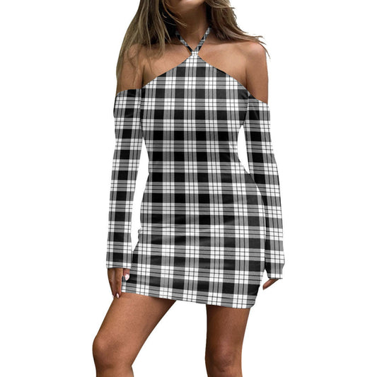 MacFarlane Black White Tartan Plaid Halter Lace-up Dress