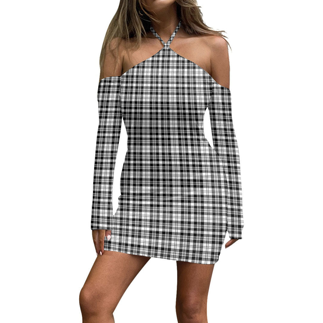 Scott Black White Modern Tartan Plaid Halter Lace-up Dress