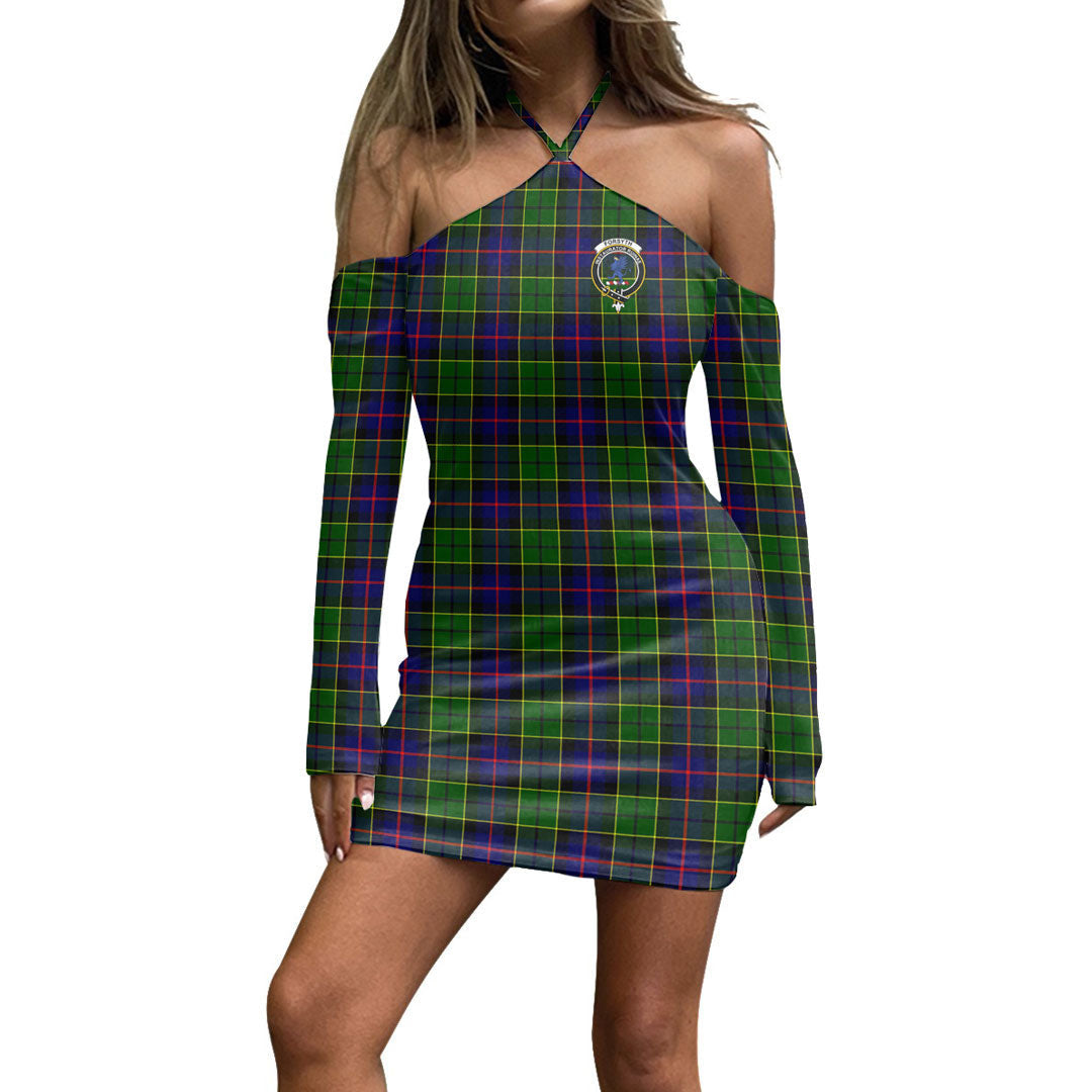 Forsyth Modern Tartan Crest Halter Lace-up Dress