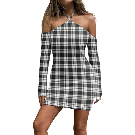 MacFarlane Black White Ancient Tartan Plaid Halter Lace-up Dress