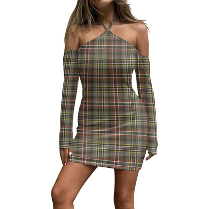 SCOTT GREEN WEATHERED Tartan Plaid Halter Lace-up Dress