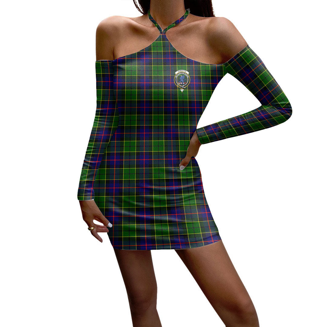 Forsyth Modern Tartan Crest Halter Lace-up Dress