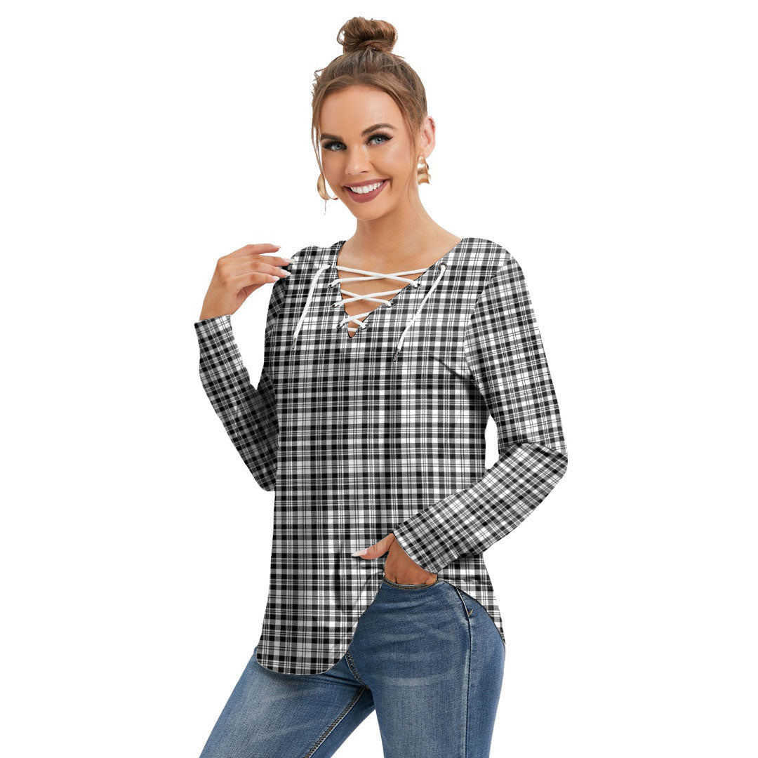 Scott Black White Modern Tartan Plaid Long Sleeve Neckline Tie Sweatshirt