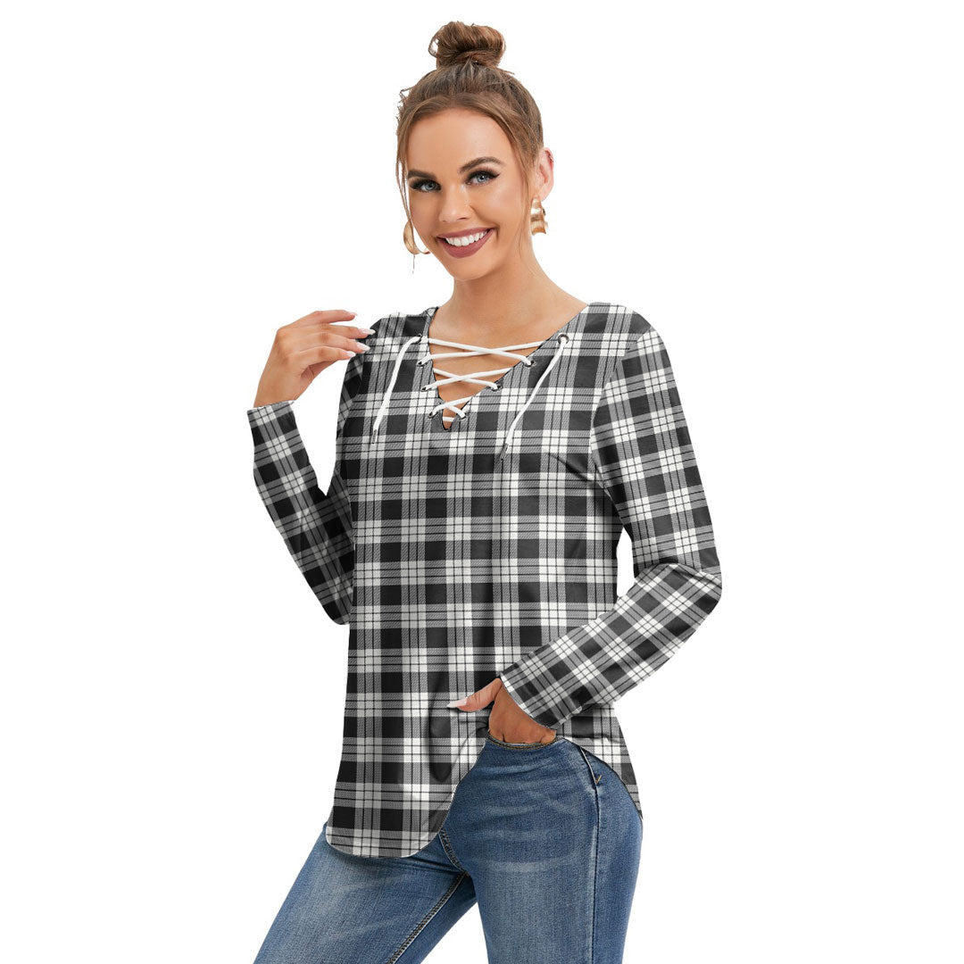 MacFarlane Black White Ancient Tartan Plaid Long Sleeve Neckline Tie Sweatshirt