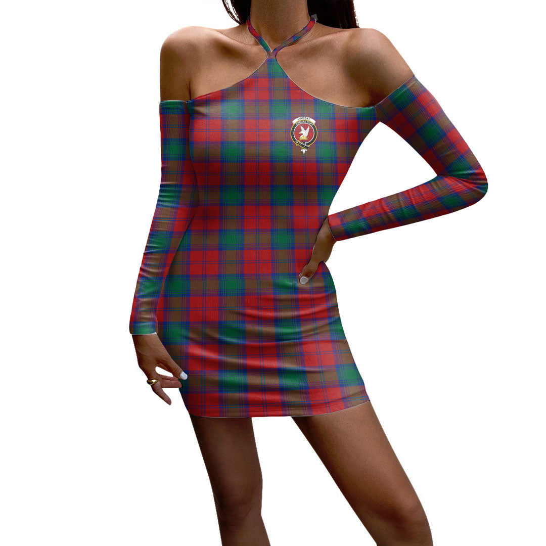 Lindsay Modern Tartan Crest Halter Lace-up Dress