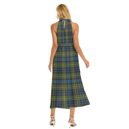 MacLellan Ancient Tartan Plaid Wrap Hem Belted Halter Dress