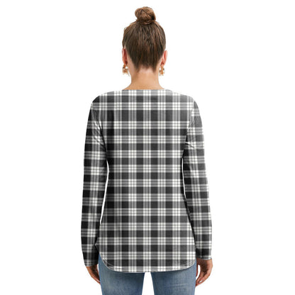 MacFarlane Black White Ancient Tartan Plaid Long Sleeve Neckline Tie Sweatshirt