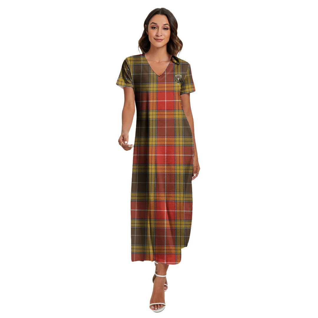 Buchanan Old Set Weathered Tartan Crest V-neck Dress Side Slit