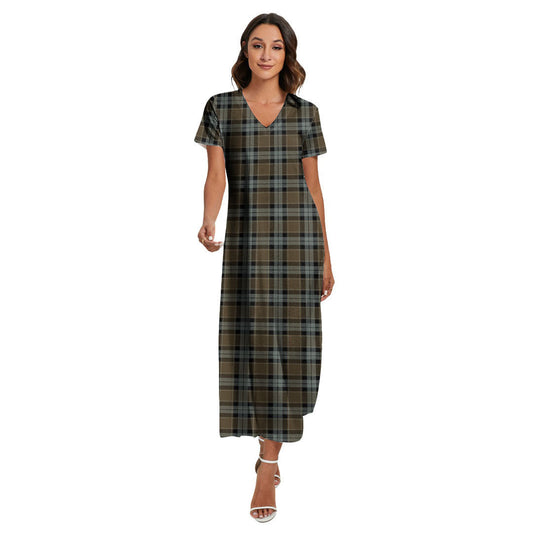 Graham of Menteith Weathered Tartan Plaid V-neck Dress Side Slit