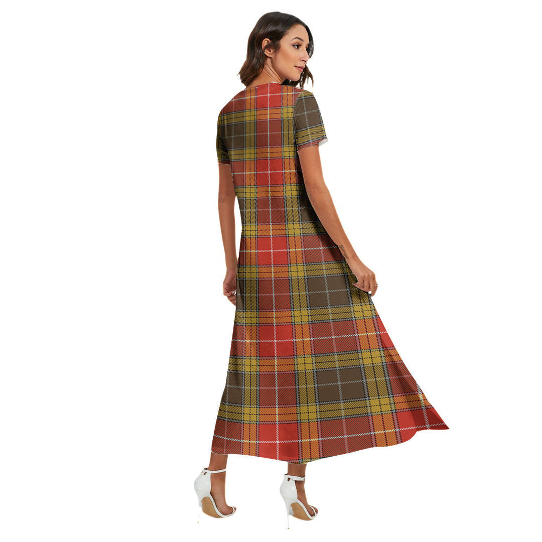 Buchanan Old Set Weathered Tartan Crest V-neck Dress Side Slit