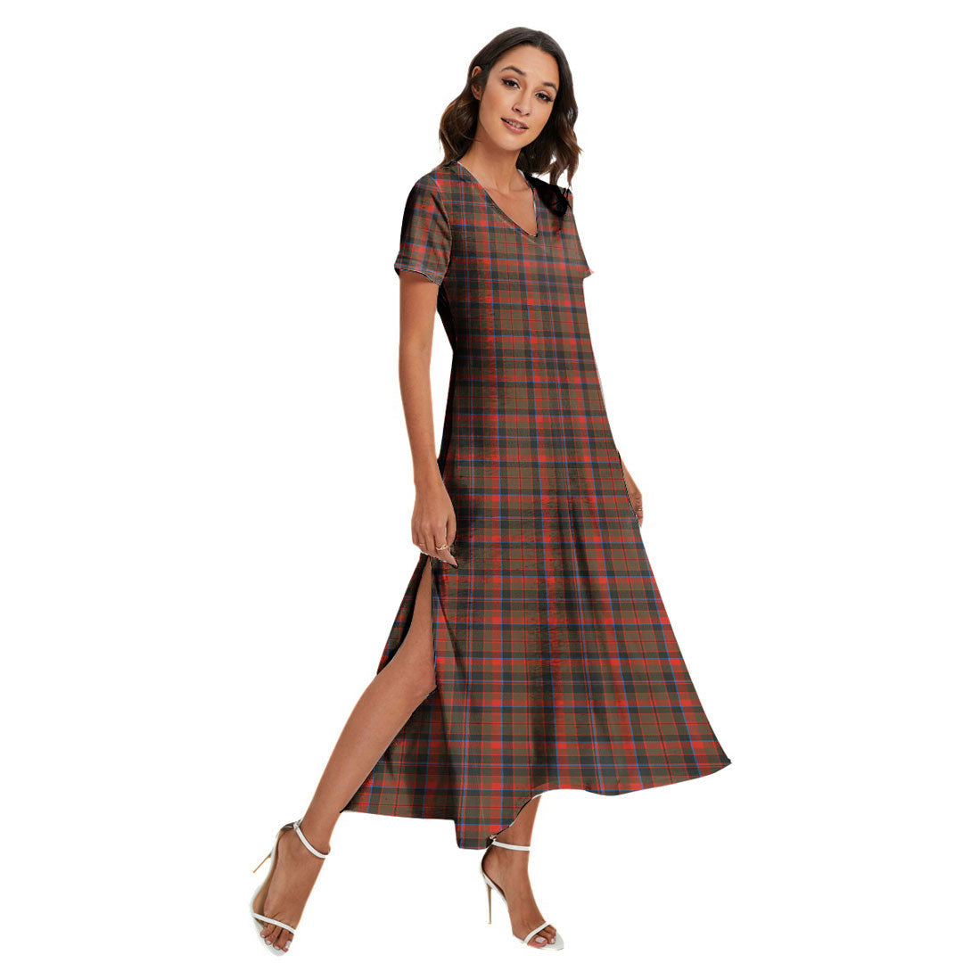 Cumming Hunting Weathered Tartan Plaid V-neck Dress Side Slit