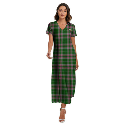 Gray Hunting Tartan Crest V-neck Dress Side Slit