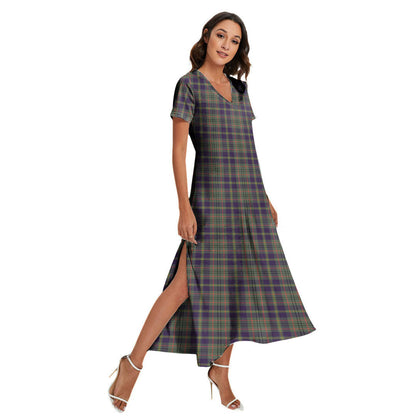 Taylor Weathered Tartan Plaid V-neck Dress Side Slit