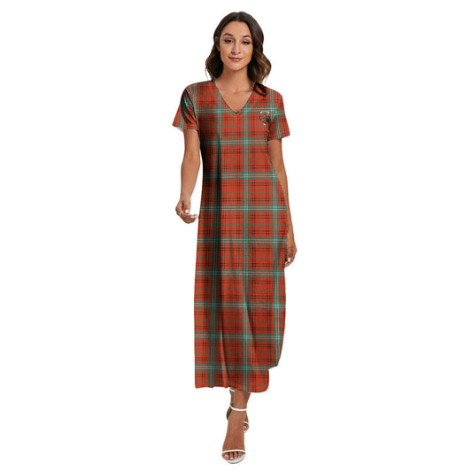 Morrison Red Ancient Tartan Crest V-neck Dress Side Slit