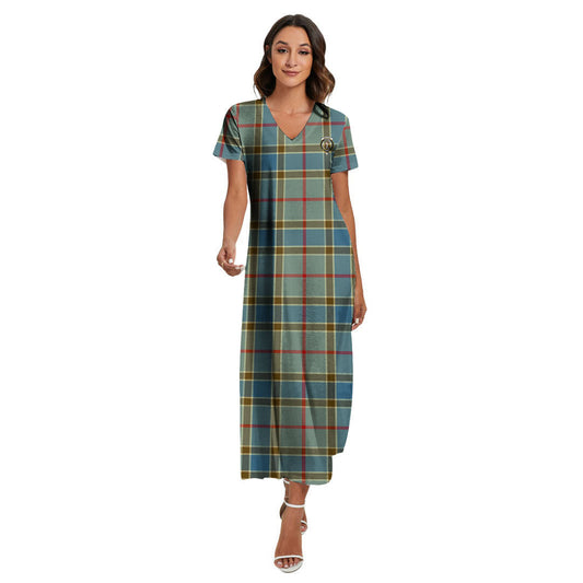 Balfour Blue Tartan Crest V-neck Dress Side Slit