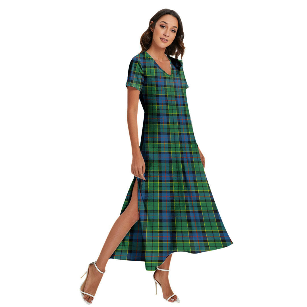 Forsyth Ancient Tartan Plaid V-neck Dress Side Slit