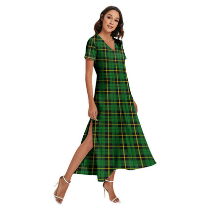 Wallace Hunting Green Tartan Plaid V-neck Dress Side Slit