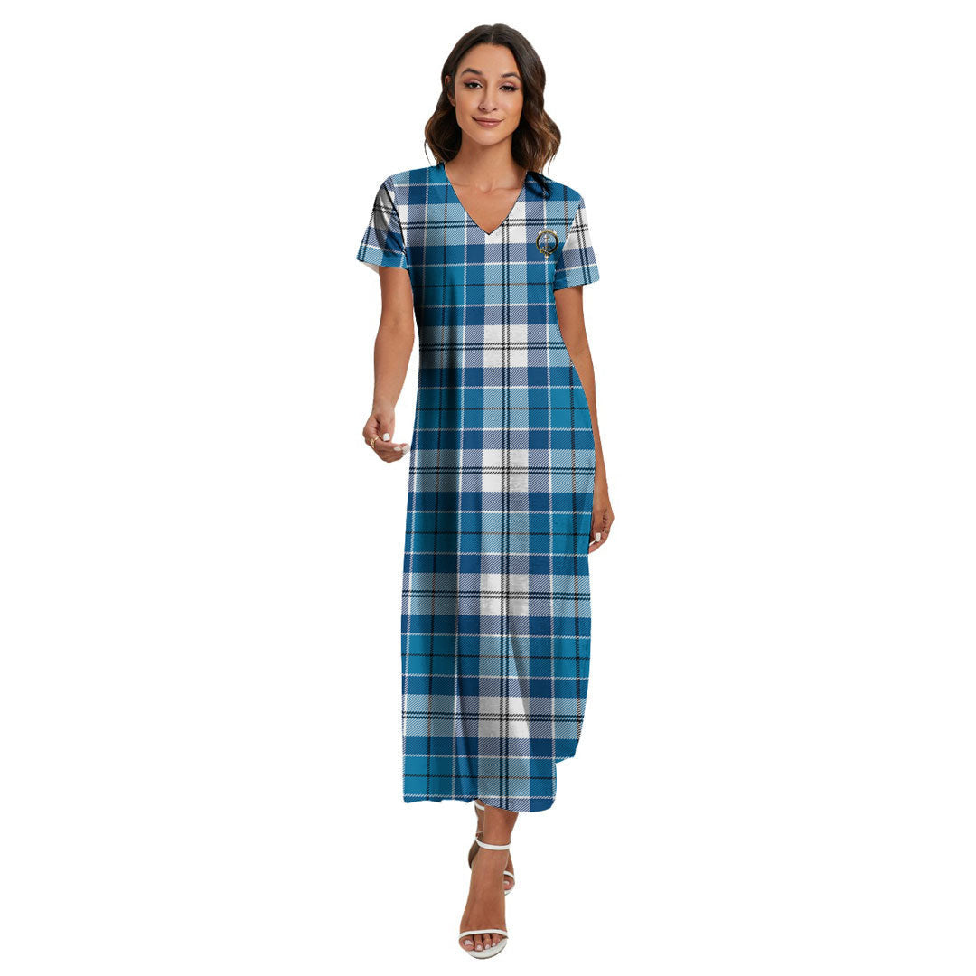 Roberton Tartan Crest V-neck Dress Side Slit