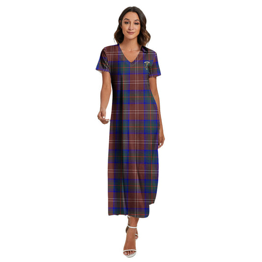 Chisholm Hunting Modern Tartan Crest V-neck Dress Side Slit