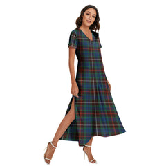 Fraser Hunting Ancient Tartan Plaid V-neck Dress Side Slit