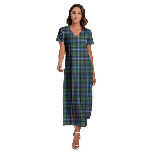 MacRae Hunting Ancient Tartan Plaid V-neck Dress Side Slit