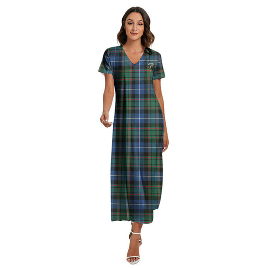 MacRae Hunting Ancient Tartan Crest V-neck Dress Side Slit