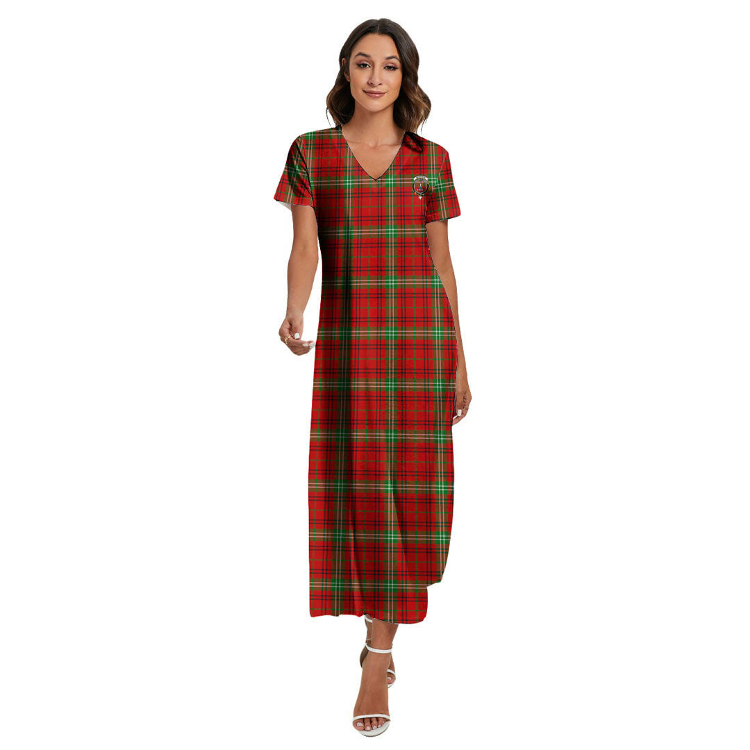 Morrison Red Modern Tartan Crest V-neck Dress Side Slit