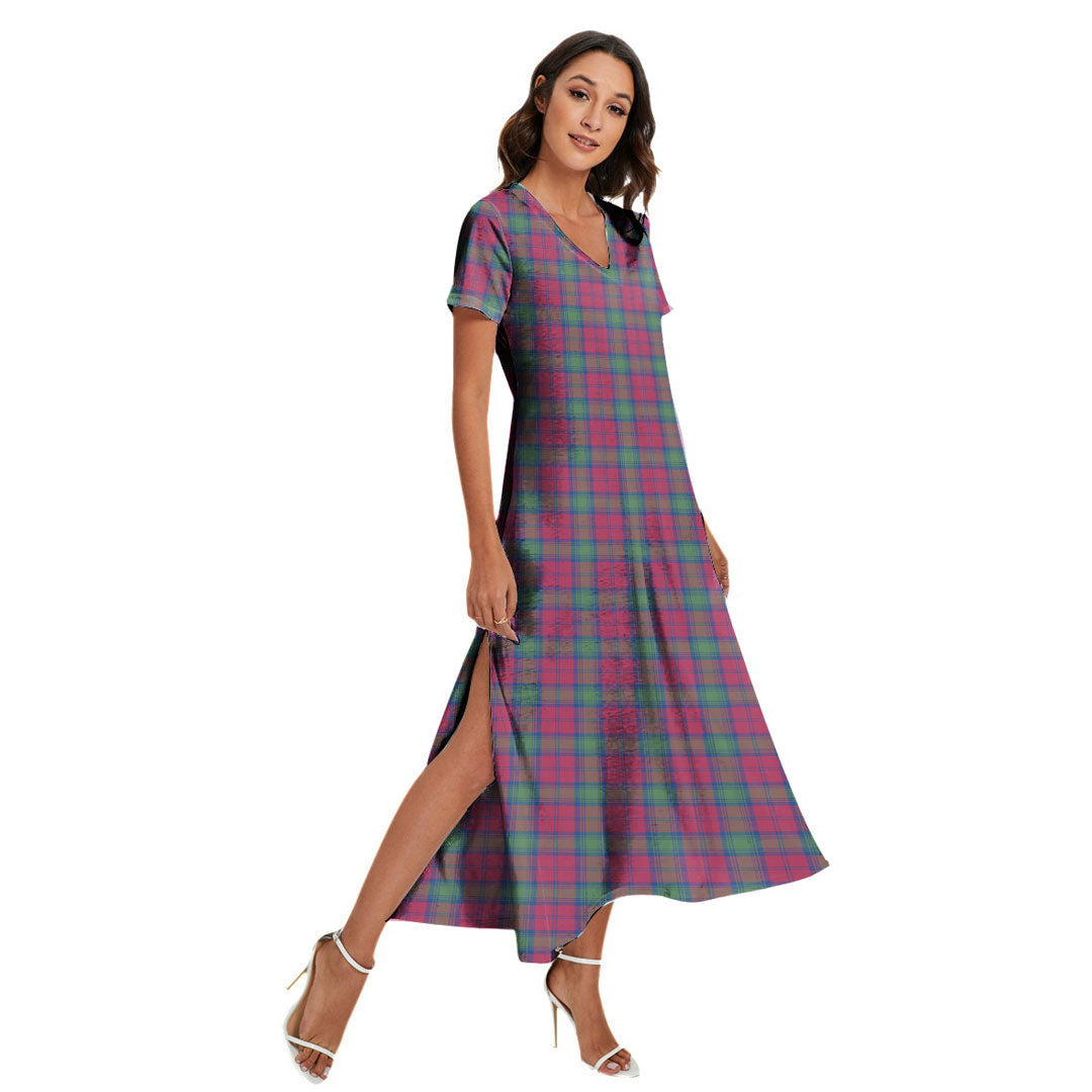 Lindsay Ancient Tartan Plaid V-neck Dress Side Slit