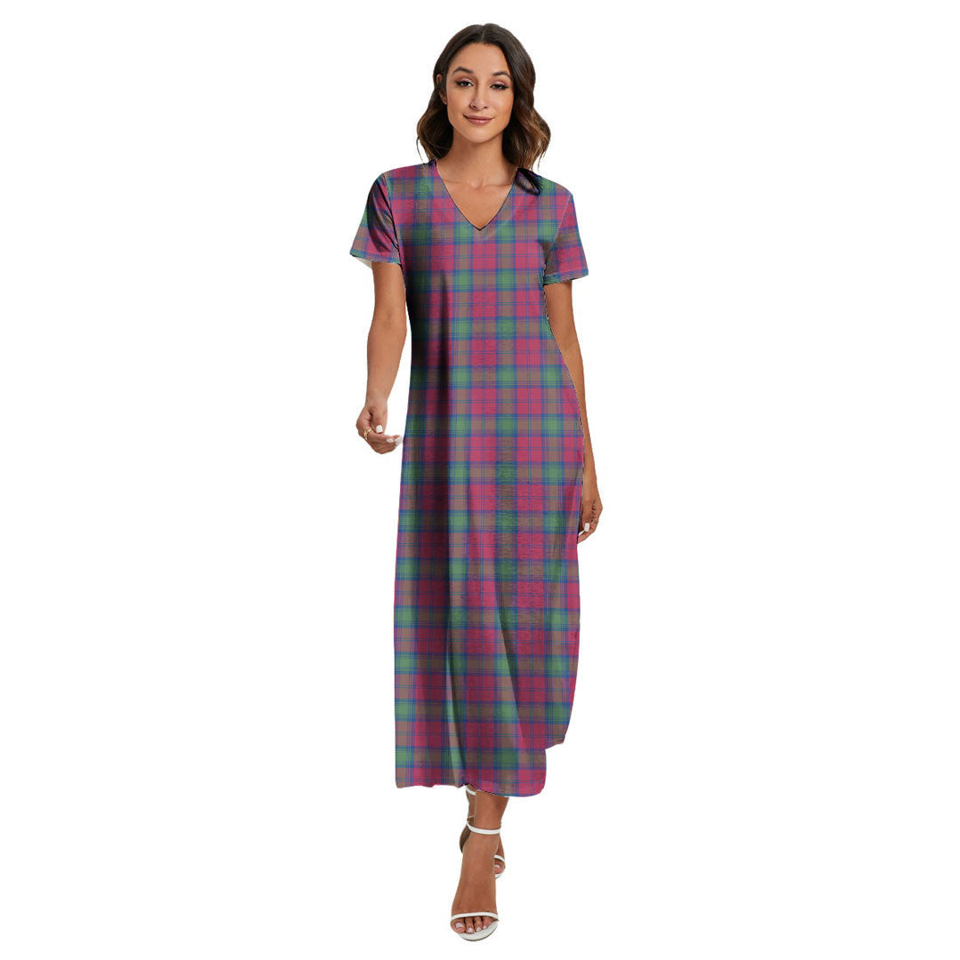 Lindsay Ancient Tartan Plaid V-neck Dress Side Slit