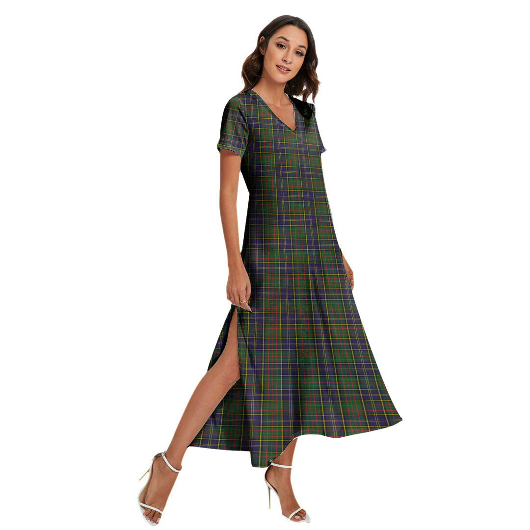 MacMillan Hunting Modern Tartan Plaid V-neck Dress Side Slit