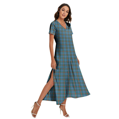 Agnew Ancient Tartan Plaid V-neck Dress Side Slit