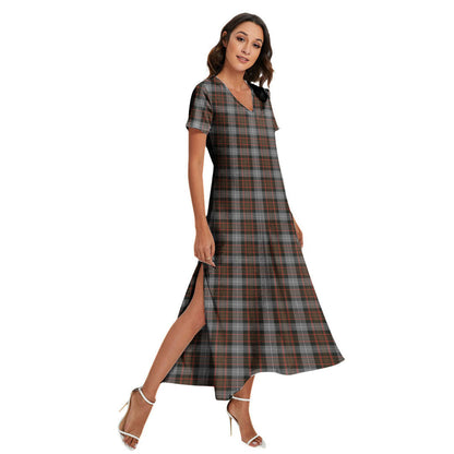 MacRae Hunting Weathered Tartan Plaid V-neck Dress Side Slit