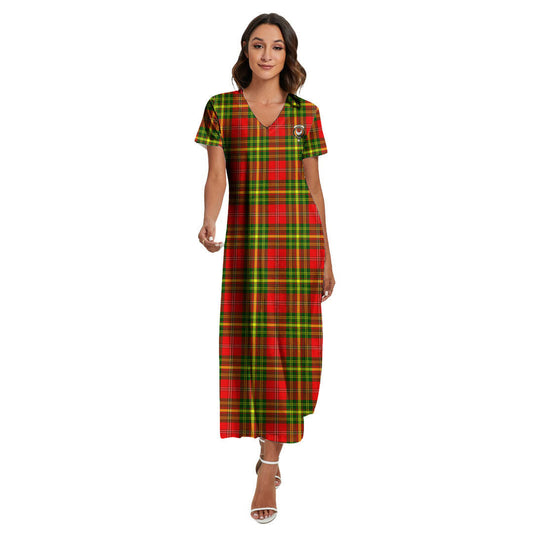 Leask Tartan Crest V-neck Dress Side Slit