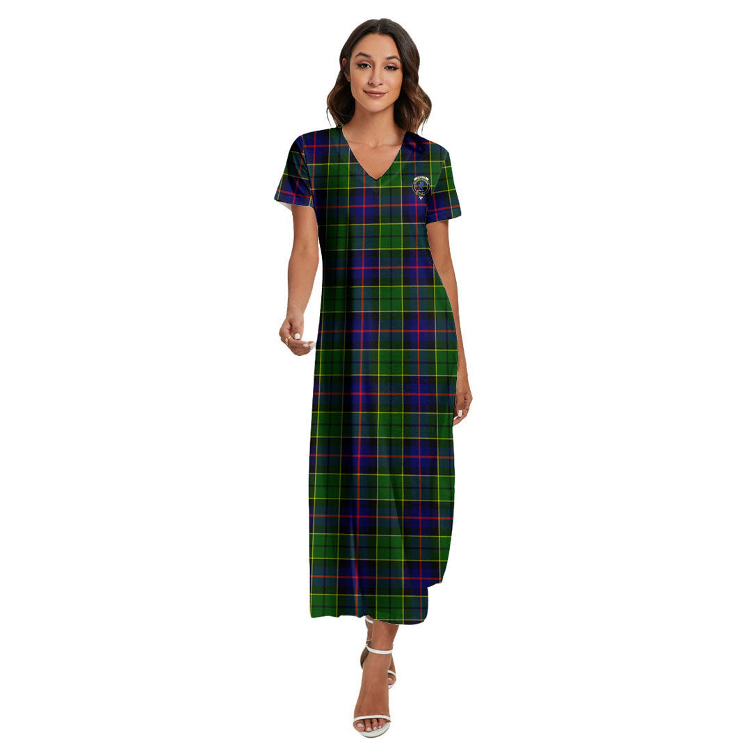 Forsyth Modern Tartan Crest V-neck Dress Side Slit