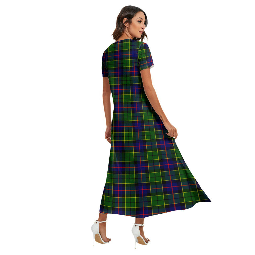 Forsyth Modern Tartan Crest V-neck Dress Side Slit